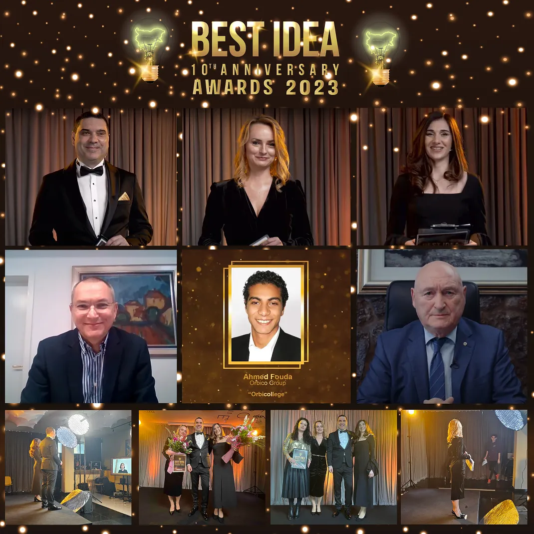 Collage of photos from the Best Idea 10th Anniversary Awards 2023, featuring presenters in formal attire, a highlighted winner Ahmed Fouda, and behind-the-scenes and group photos with flowers.