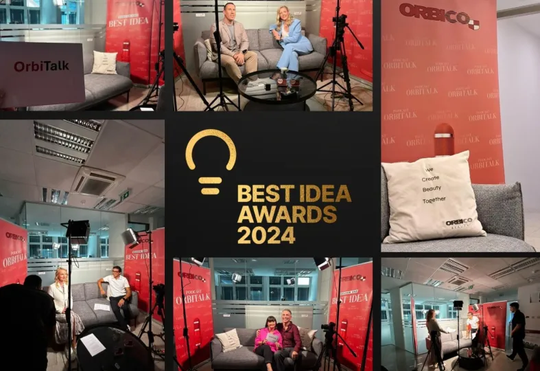 Collage of images showing a podcast recording setup with red 'BEST IDEA' banners, people seated on gray couches, and the 'BEST IDEA AWARDS 2024' logo with a lightbulb icon in gold.