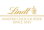 Lindt logo with the text 'Master Chocolatier Since 1845' and an image of a small figure holding a staff.