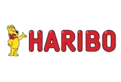 HARIBO brand name with a cartoon bear holding a gummy candy.