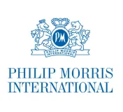 Philip Morris International company logo with blue text and emblem featuring two lions and a crown.