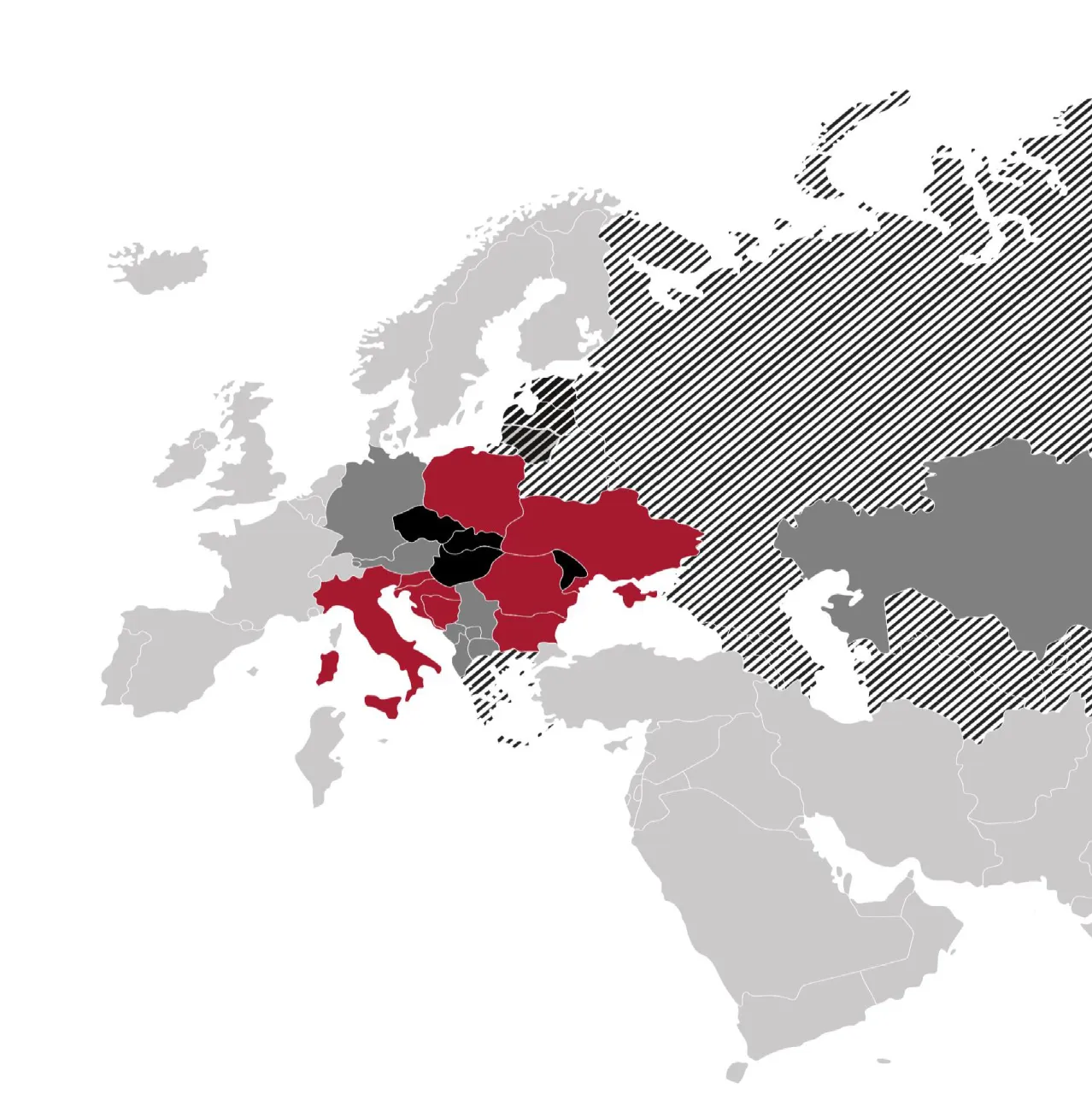 Map of Europe showing countries colored in red, black, gray, and striped gray patterns indicating different regions or categories.