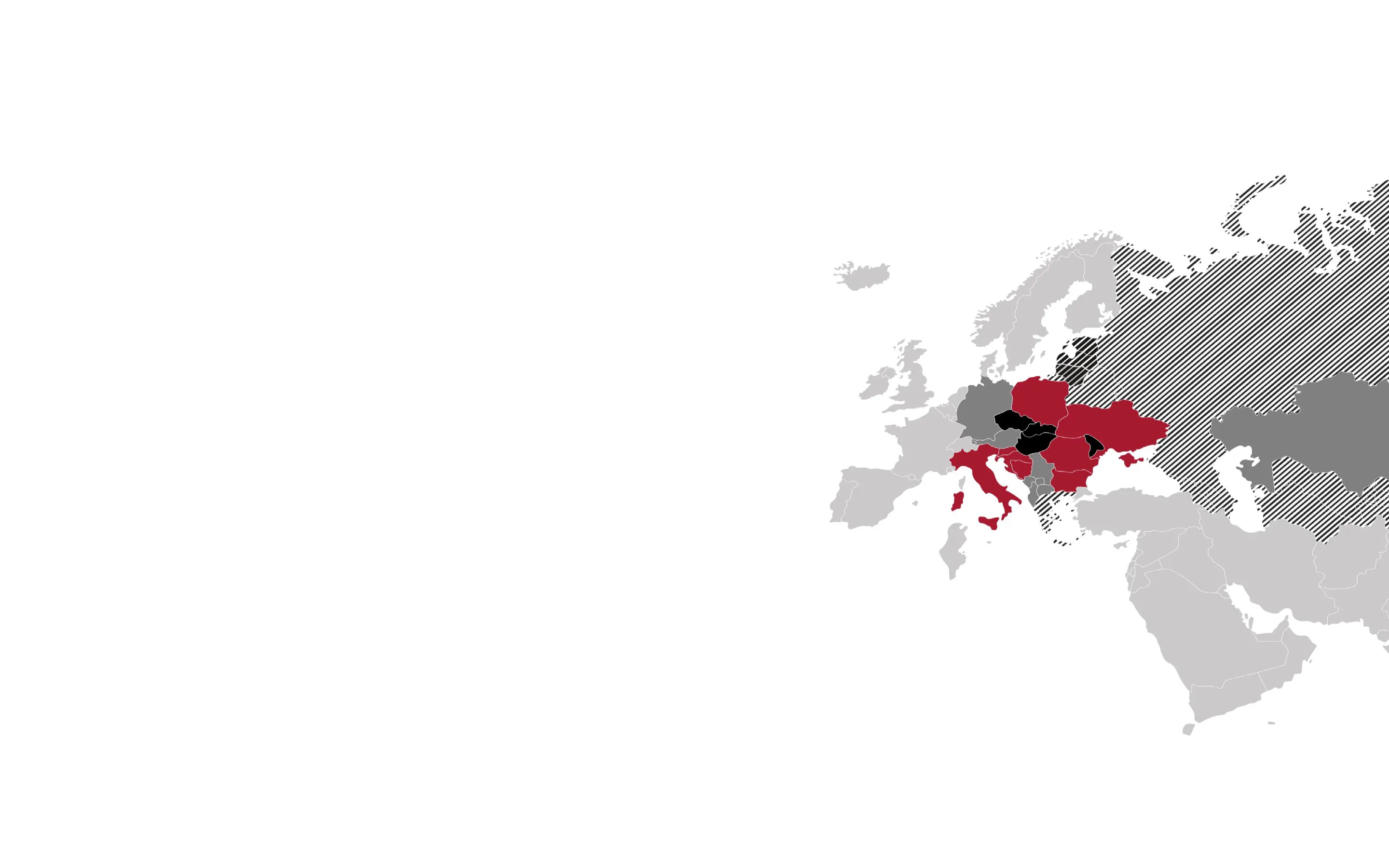 Map of Europe showing countries in red, dark gray, and black located around the Balkans and Eastern Europe, with other countries in light gray and hatched pattern on parts of northern and eastern Russia.
