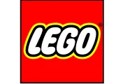 LEGO logo in white letters with black and yellow outline on a red square background.